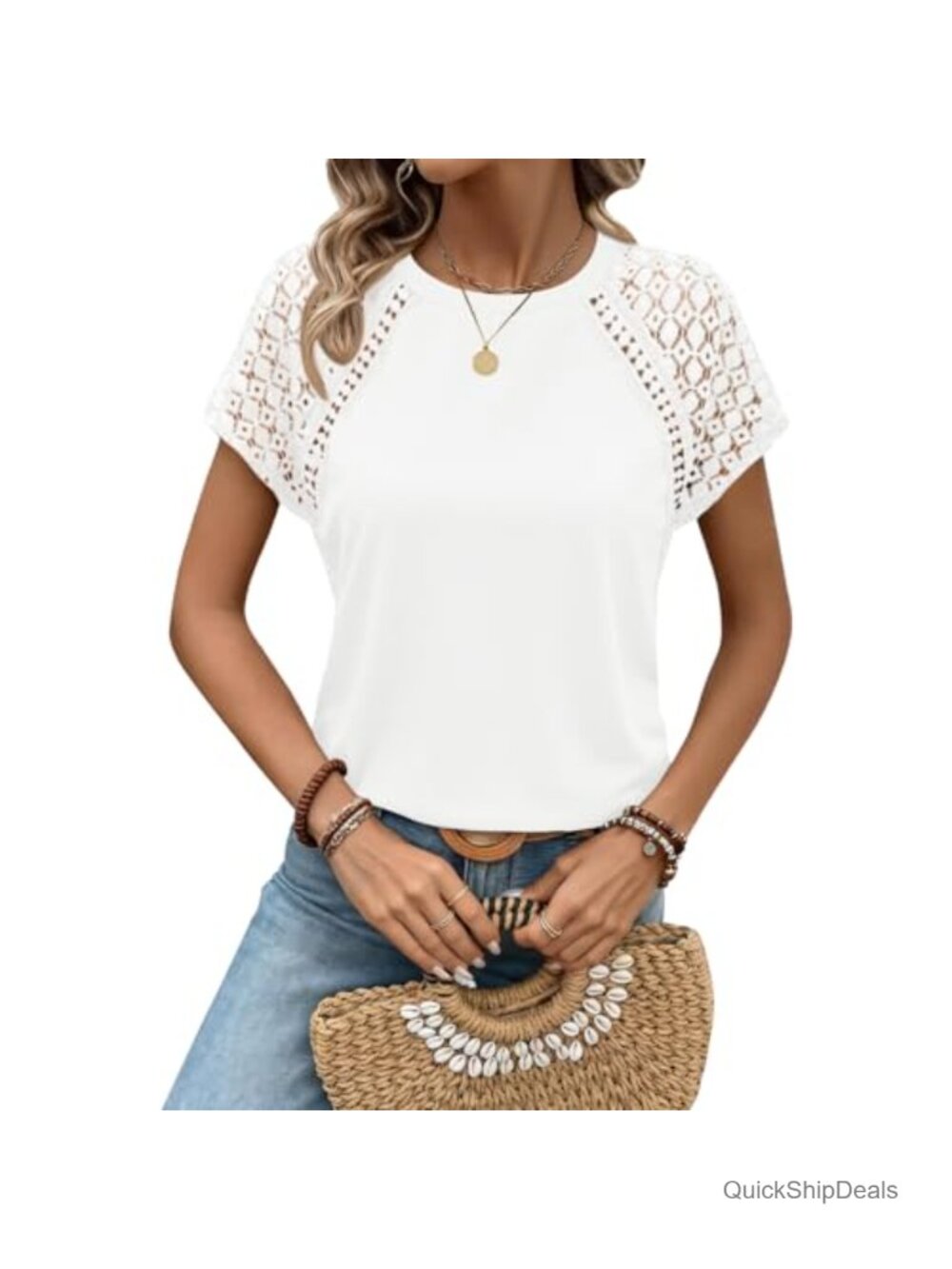 Womens Lace Short Sleeve Crew Neck T-Shirt Casual Summer Top